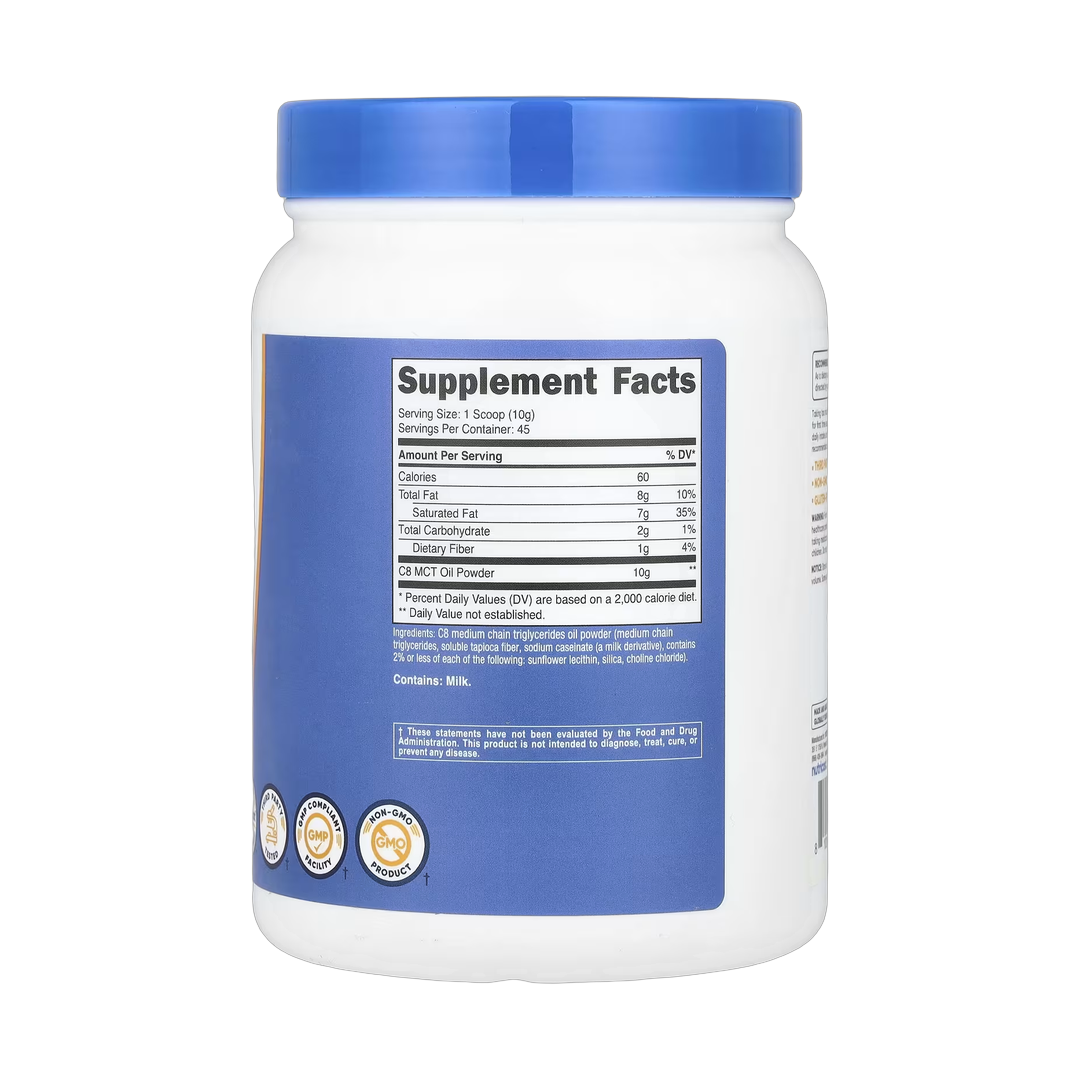 Nutricost, C8 MCT Oil Powder, Unflavored, 1 lb, 454 g back packaging view