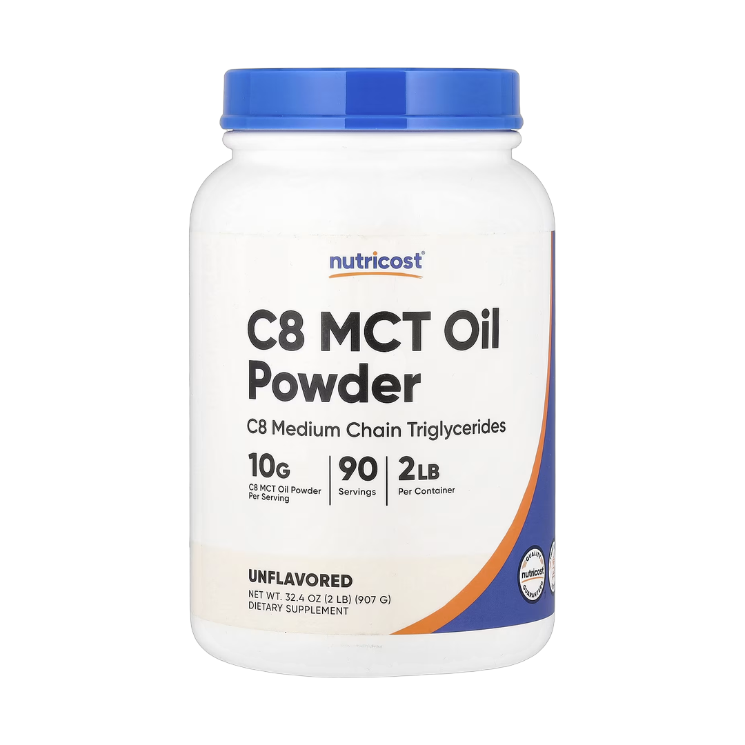 Nutricost, C8 MCT Oil Powder, Unflavored, 2 lb, 907 g front packaging view