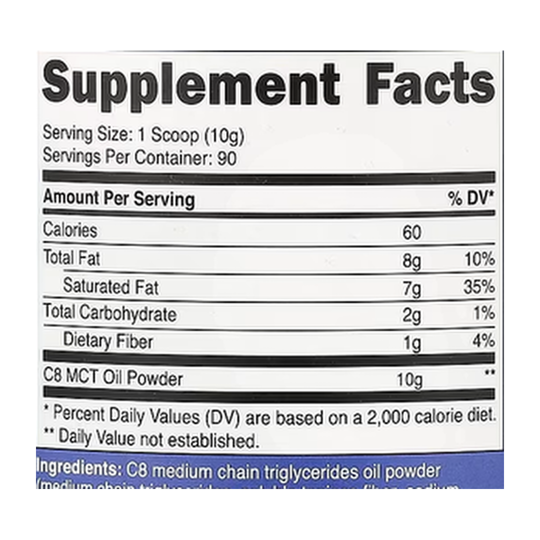 Nutricost, C8 MCT Oil Powder, Unflavored, 2 lb, 907 g supplement facts label showing ingredients, vitamins, minerals, and serving information