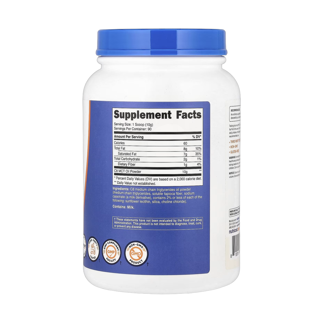 Nutricost, C8 MCT Oil Powder, Unflavored, 2 lb, 907 g back packaging view