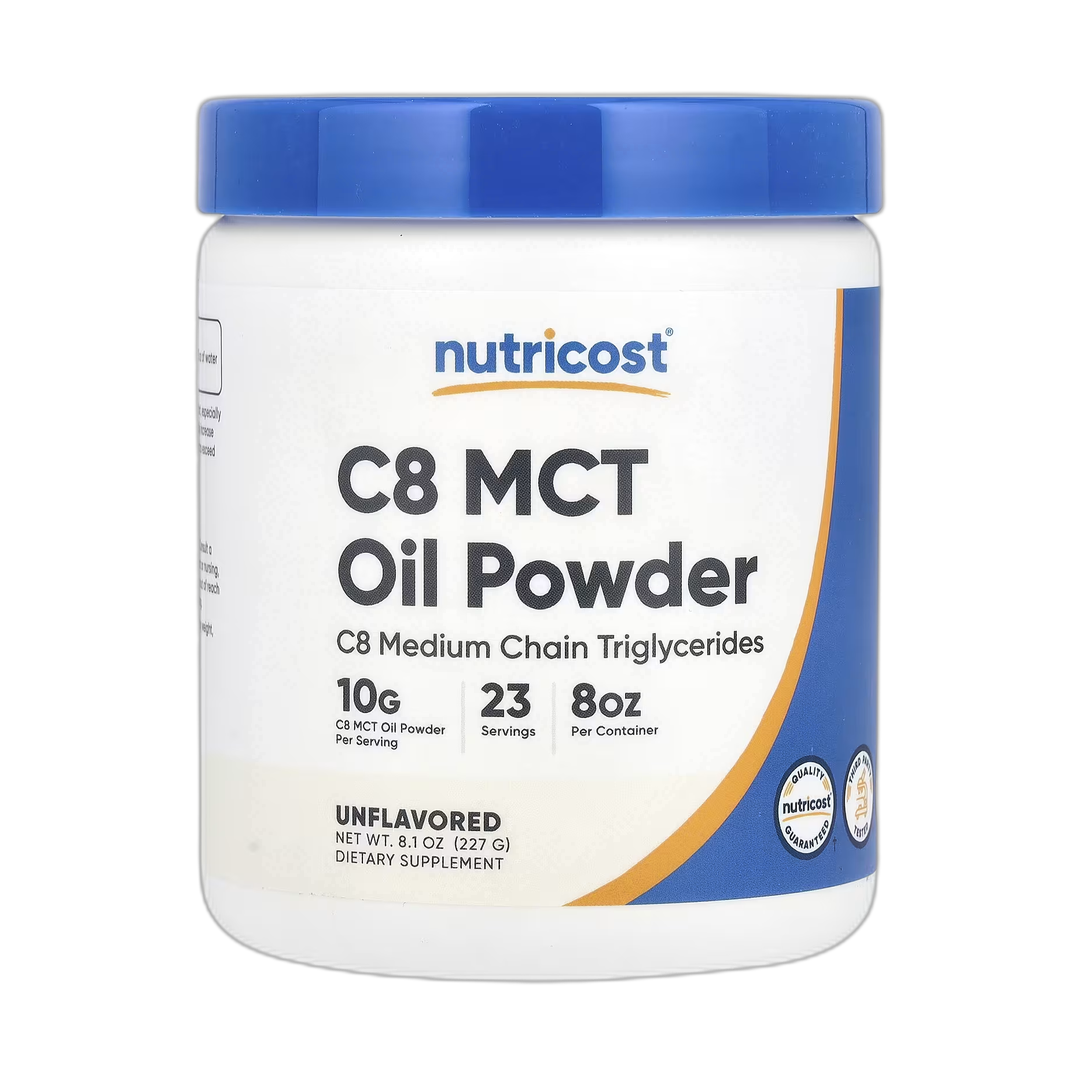 Nutricost, C8 MCT Oil Powder, Unflavored, 8.1 oz, 227 g front packaging view