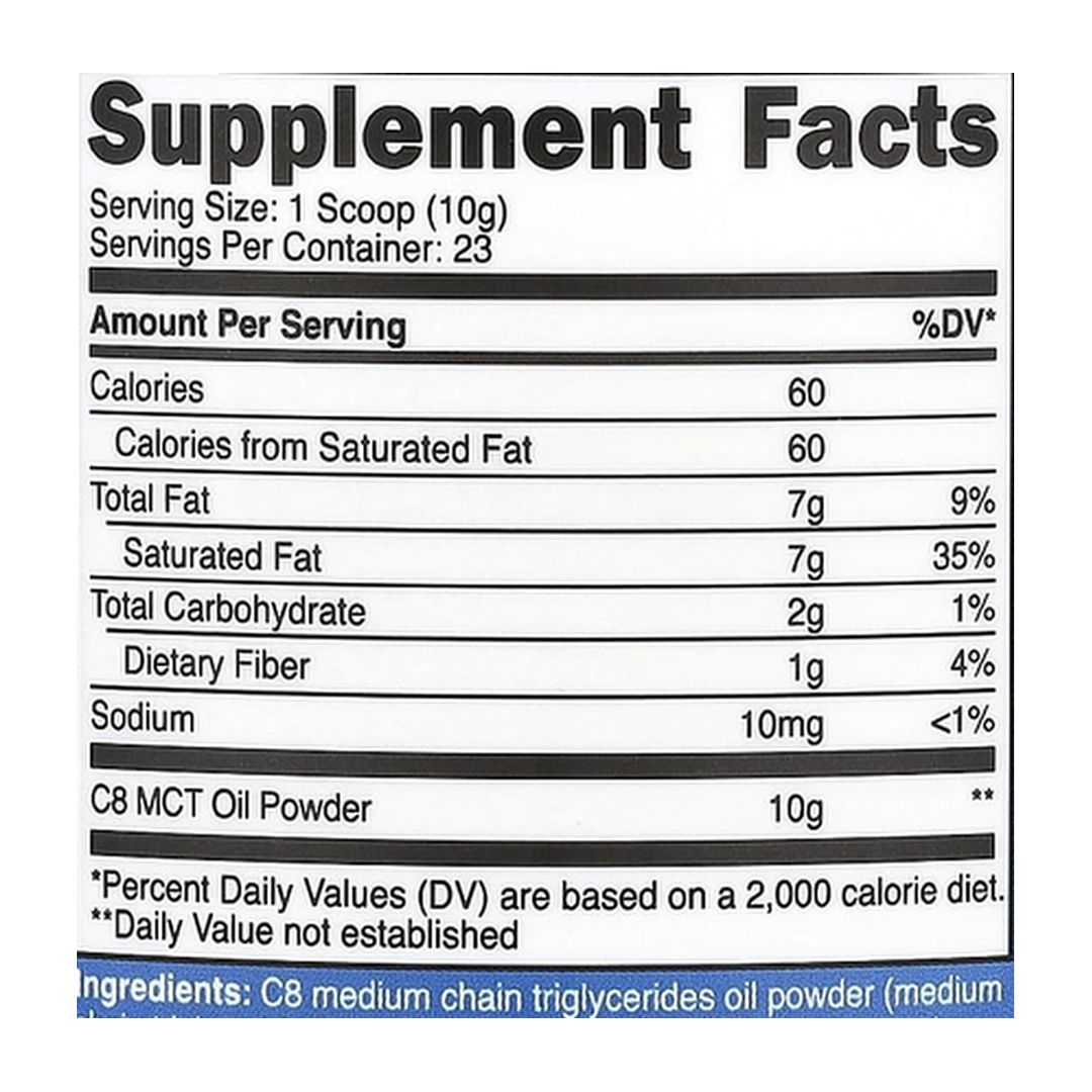 Nutricost, C8 MCT Oil Powder, Unflavored, 8.1 oz, 227 g supplement facts label showing ingredients, vitamins, minerals, and serving information