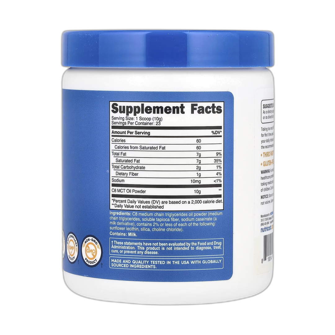 Nutricost, C8 MCT Oil Powder, Unflavored, 8.1 oz, 227 g back packaging view