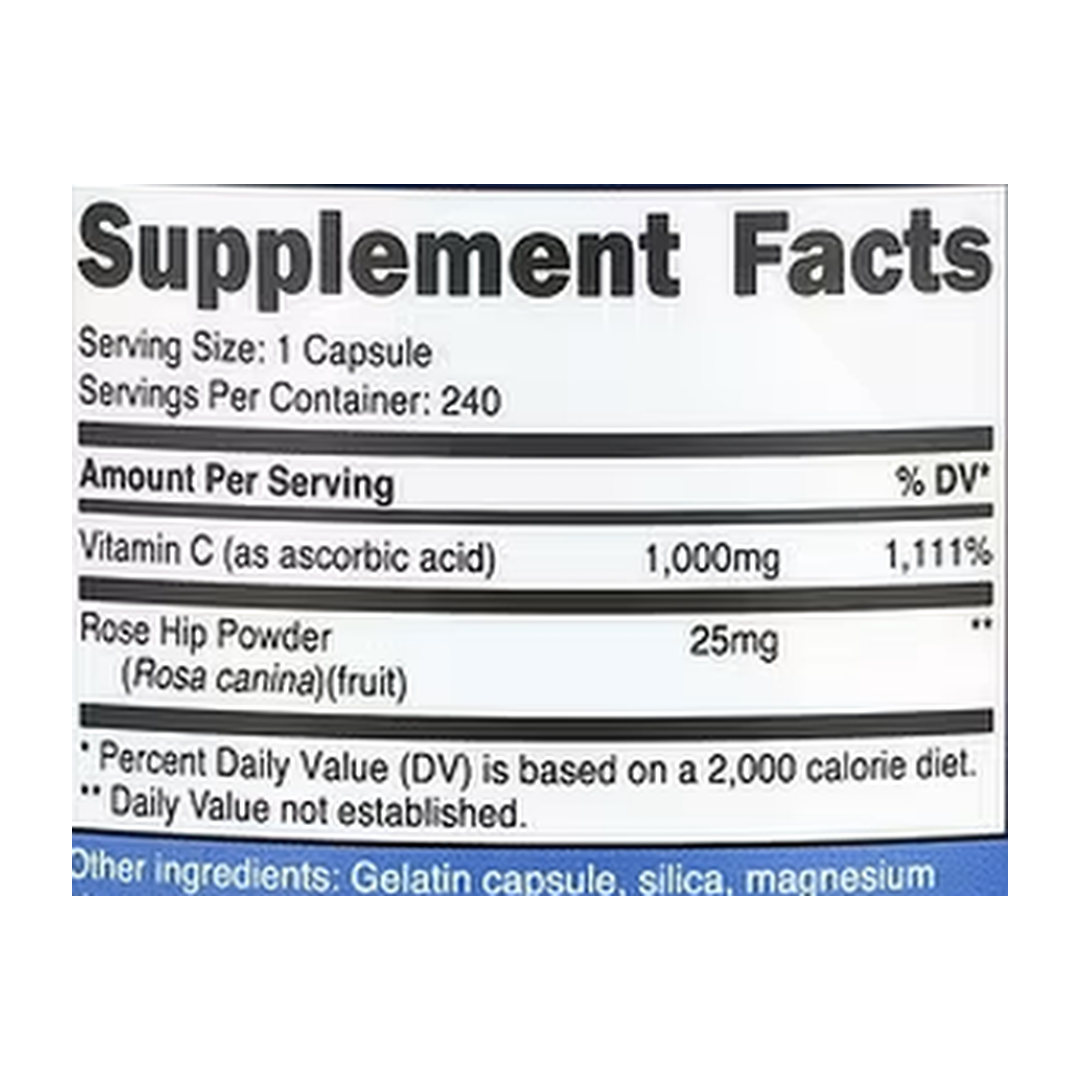 Nutricost, Vitamin C with Rose Hips, 1,000 mg, 240 Capsules supplement facts label showing ingredients, vitamins, minerals, and serving information