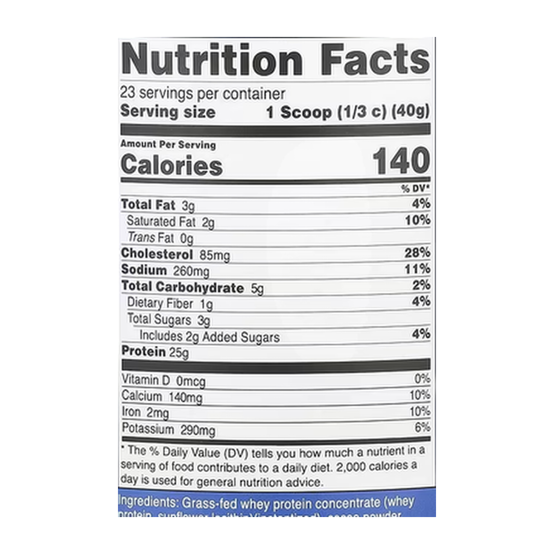 Nutricost, Grass-Fed Whey Protein, Milk Chocolate , 2 lb (907 g) supplement facts label showing ingredients, vitamins, minerals, and serving information
