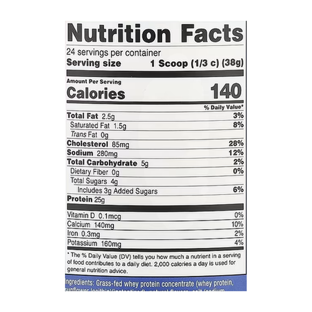 Nutricost, Grass-Fed Whey Protein, Vanilla , 2 lb, 907 g supplement facts label showing ingredients, vitamins, minerals, and serving information