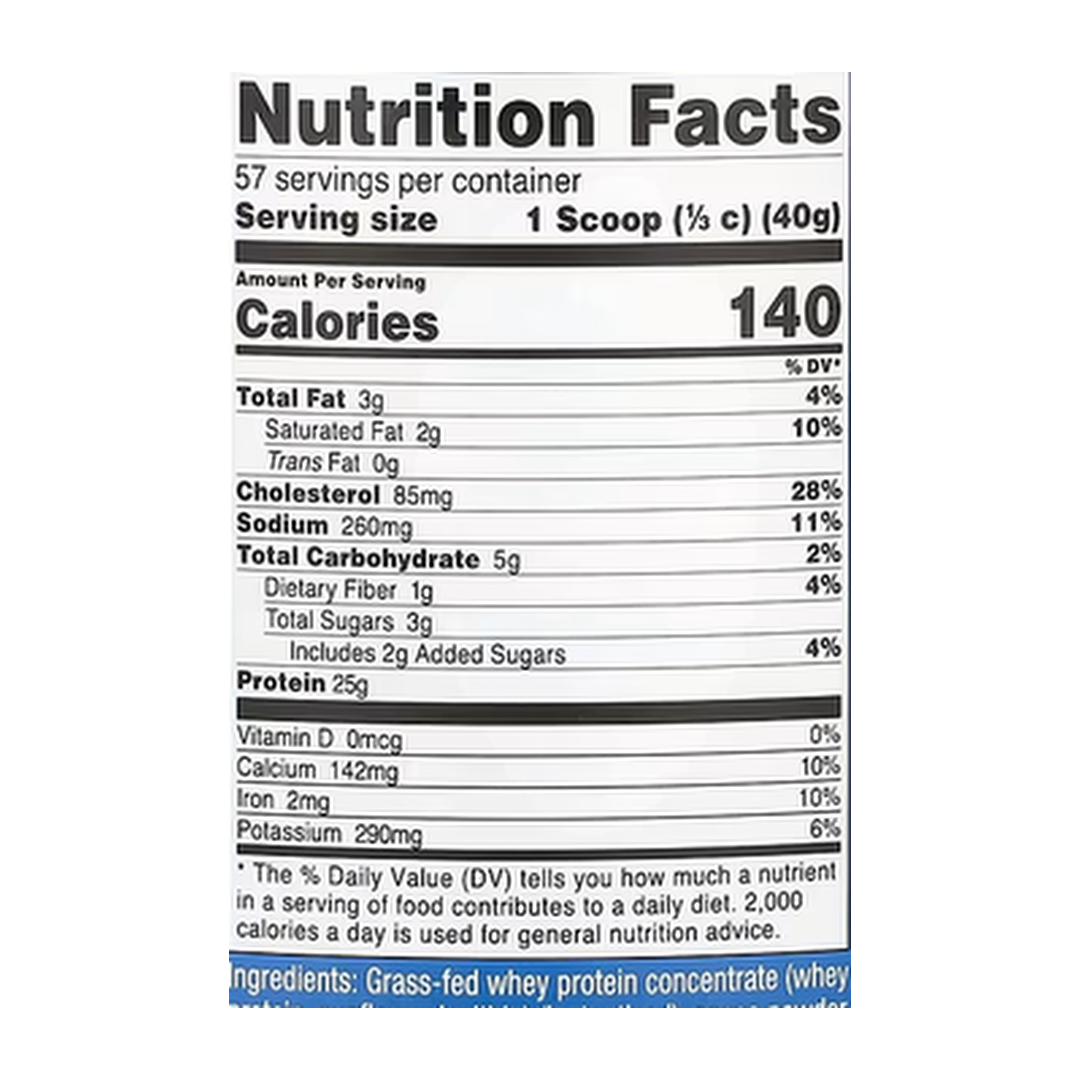 Nutricost, Grass-Fed Whey Protein, Milk Chocolate , 5 lb, 2,268 g supplement facts label showing ingredients, vitamins, minerals, and serving information