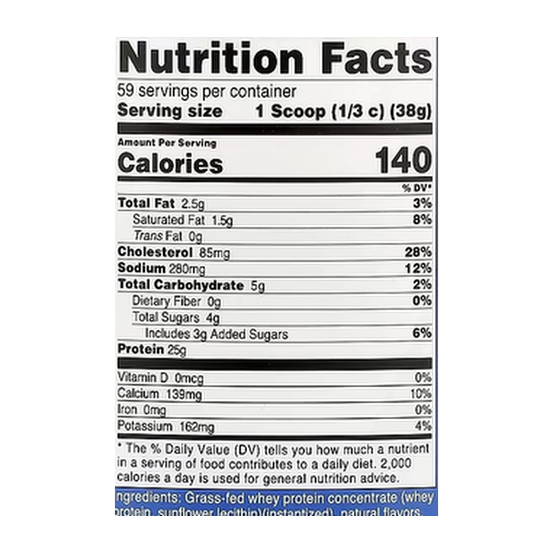 Nutricost, Grass-Fed Whey Protein, Vanilla, 5 lbs, 2,268 g supplement facts label showing ingredients, vitamins, minerals, and serving information