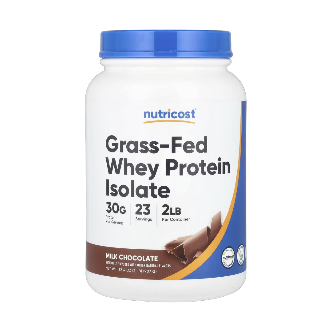 Nutricost, Grass-Fed Whey Protein Isolate, Milk Chocolate, 2 lb, 907 g front packaging view