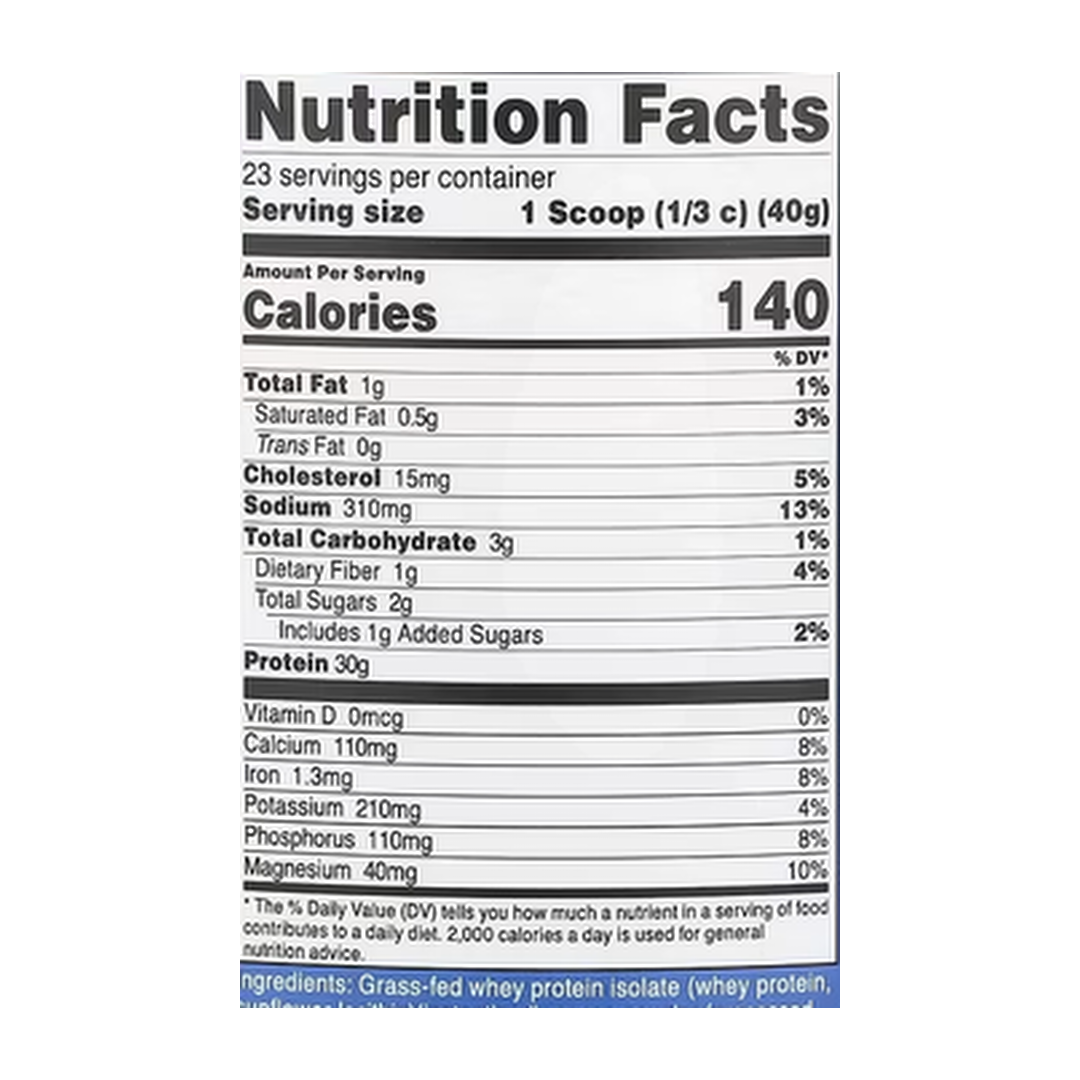 Nutricost, Grass-Fed Whey Protein Isolate, Milk Chocolate, 2 lb, 907 g supplement facts label showing ingredients, vitamins, minerals, and serving information
