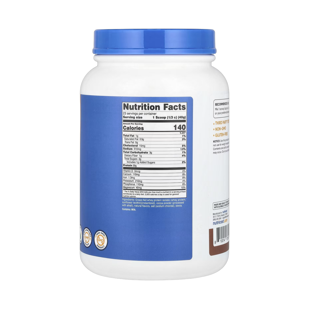 Nutricost, Grass-Fed Whey Protein Isolate, Milk Chocolate, 2 lb, 907 g back packaging view