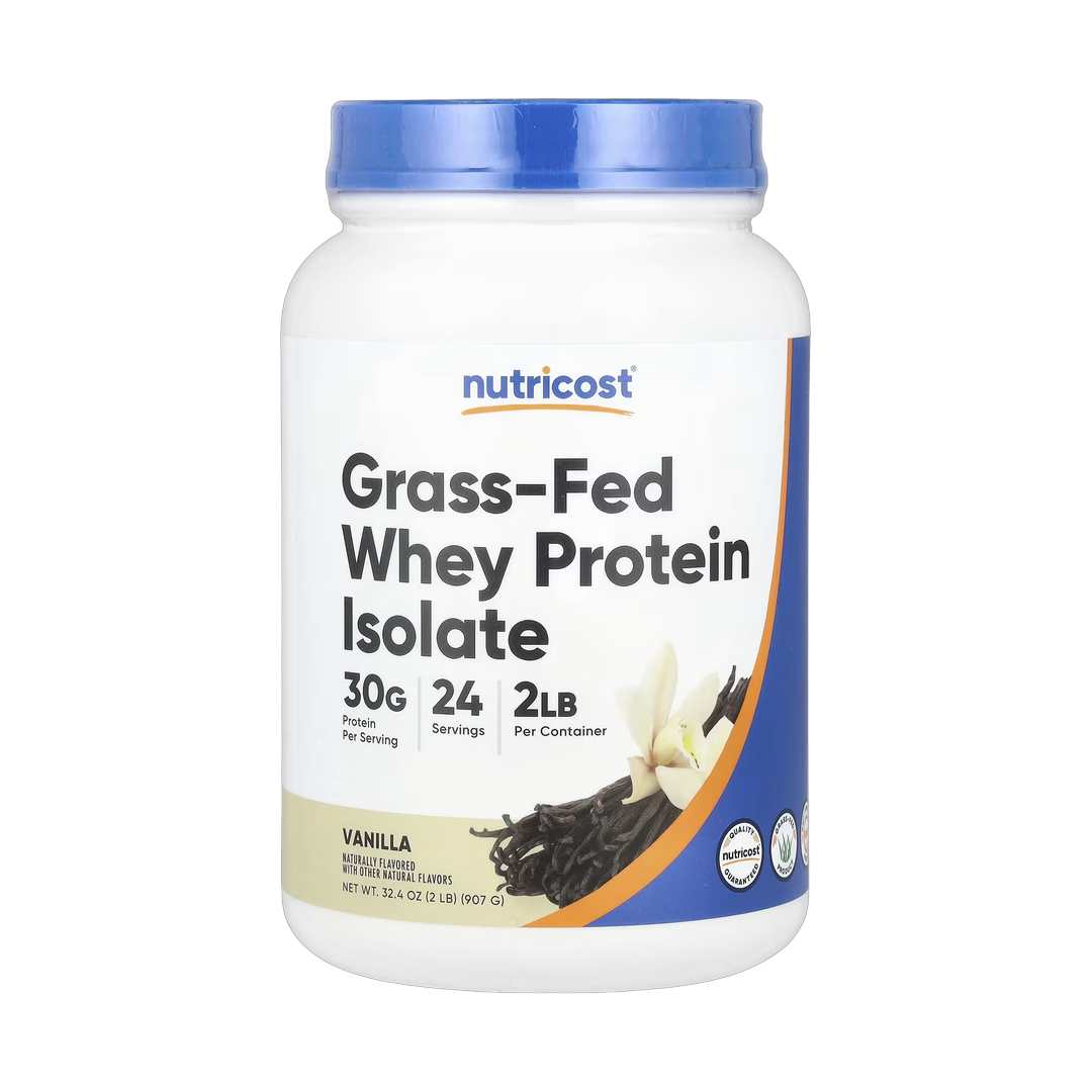Nutricost, Grass-Fed Whey Protein Isolate, Vanilla, 2 lb, 907 g front packaging view