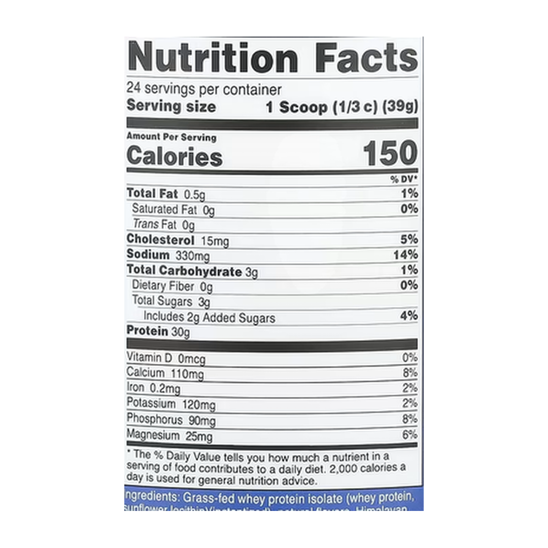 Nutricost, Grass-Fed Whey Protein Isolate, Vanilla, 2 lb, 907 g supplement facts label showing ingredients, vitamins, minerals, and serving information