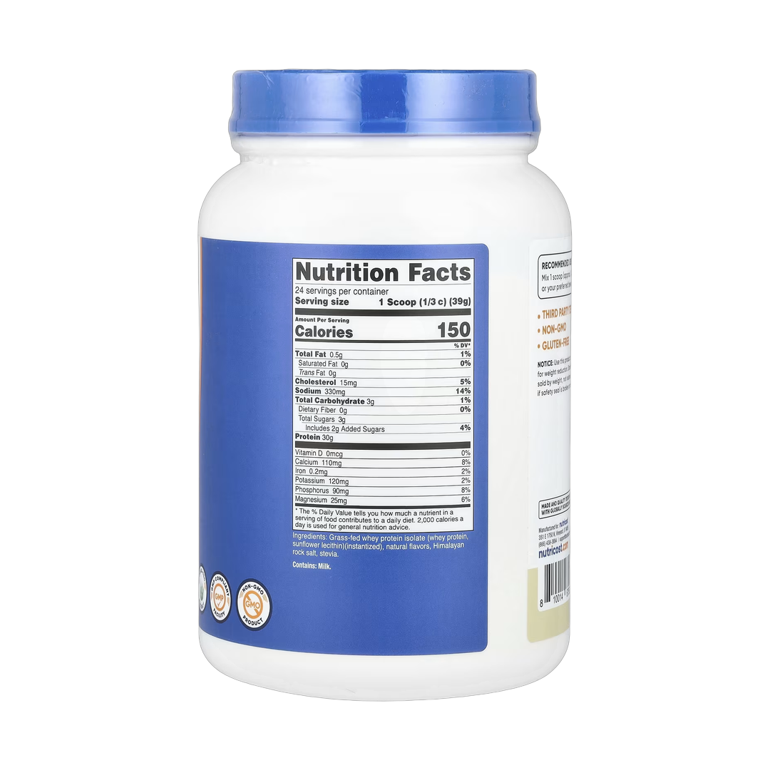 Nutricost, Grass-Fed Whey Protein Isolate, Vanilla, 2 lb, 907 g back packaging view