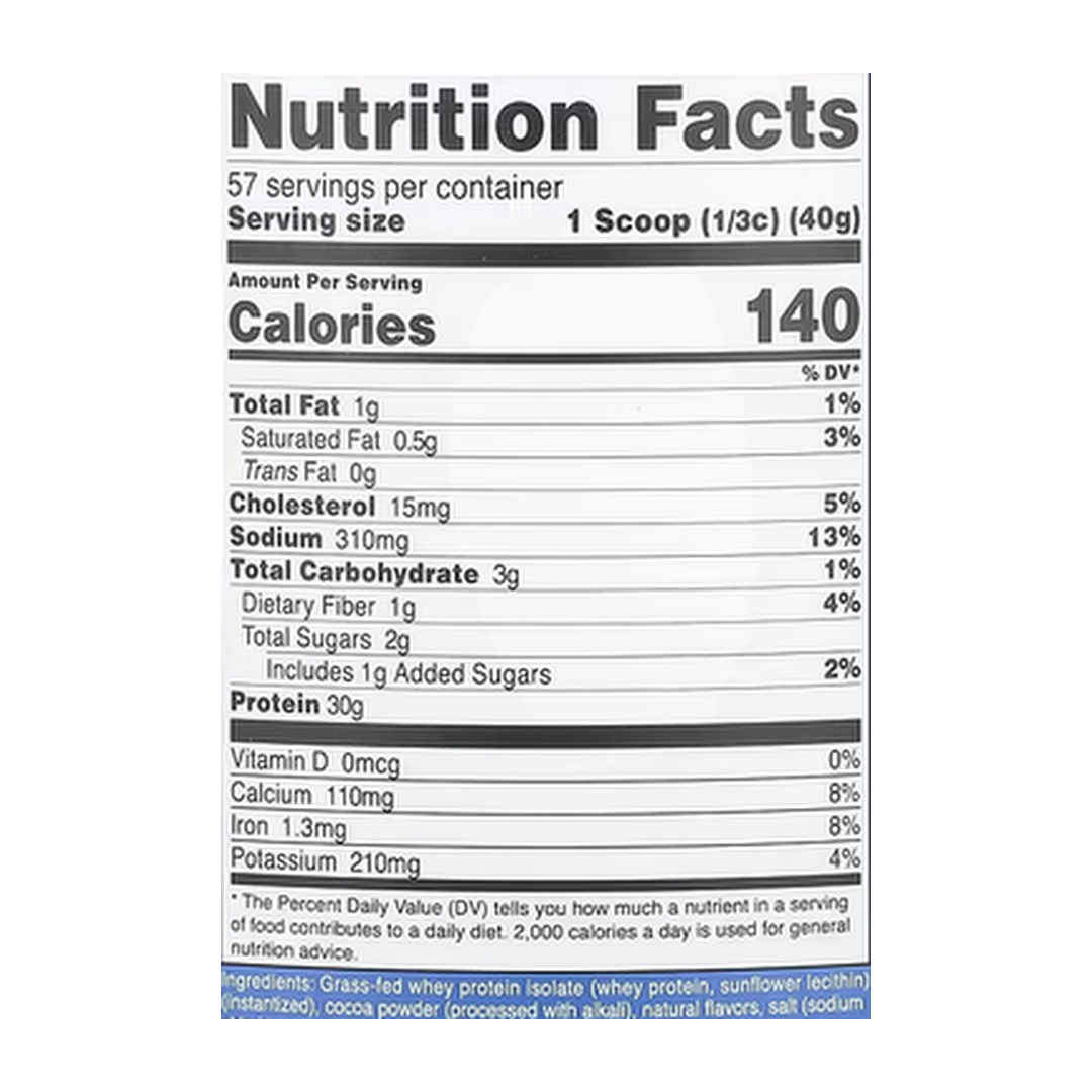 Nutricost, Grass-Fed Whey Protein Isolate, Milk Chocolate, 5 lb, 2,268 g supplement facts label showing ingredients, vitamins, minerals, and serving information