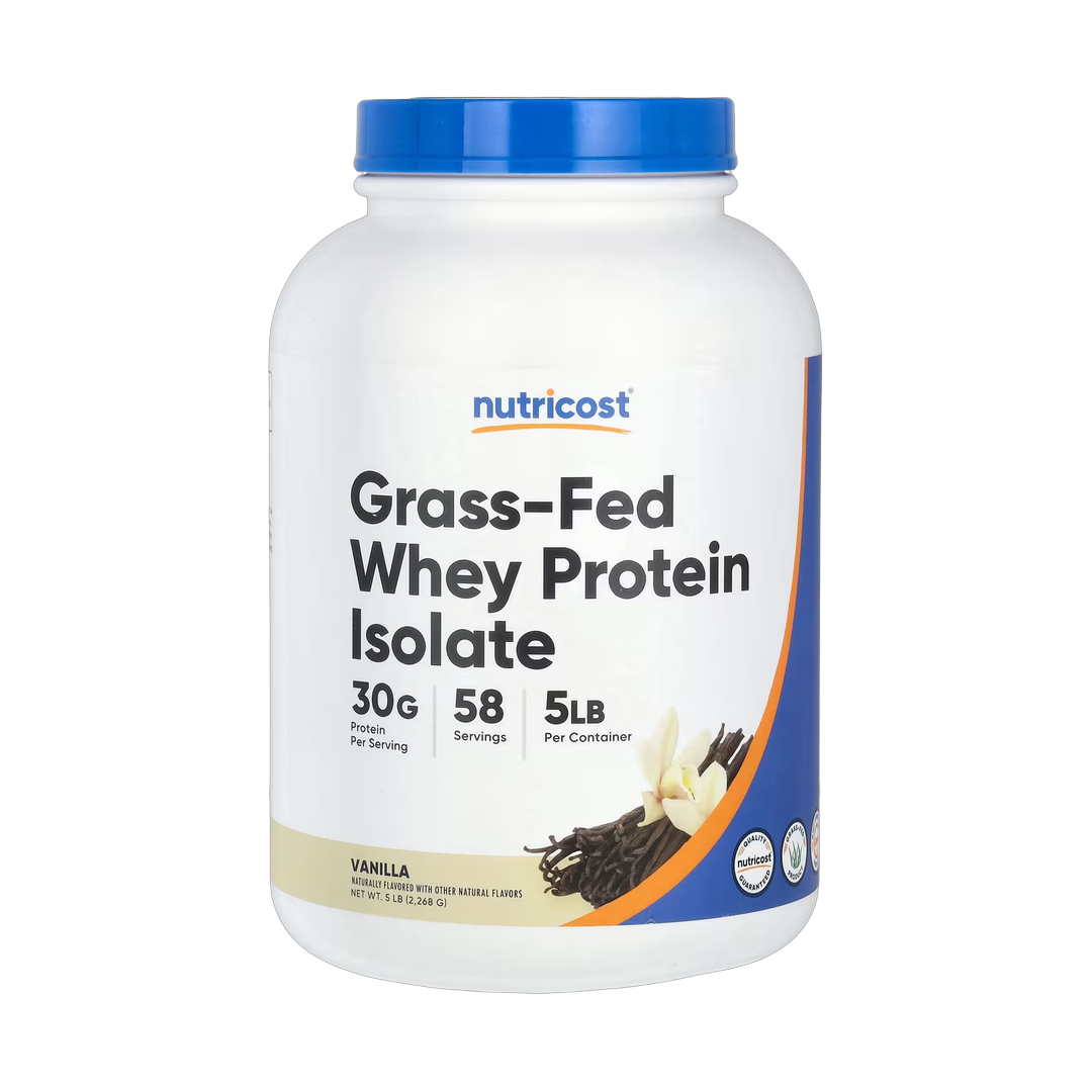 Nutricost, Grass-Fed Whey Protein Isolate, Vanilla, 5 lb, 2,268 g front packaging view
