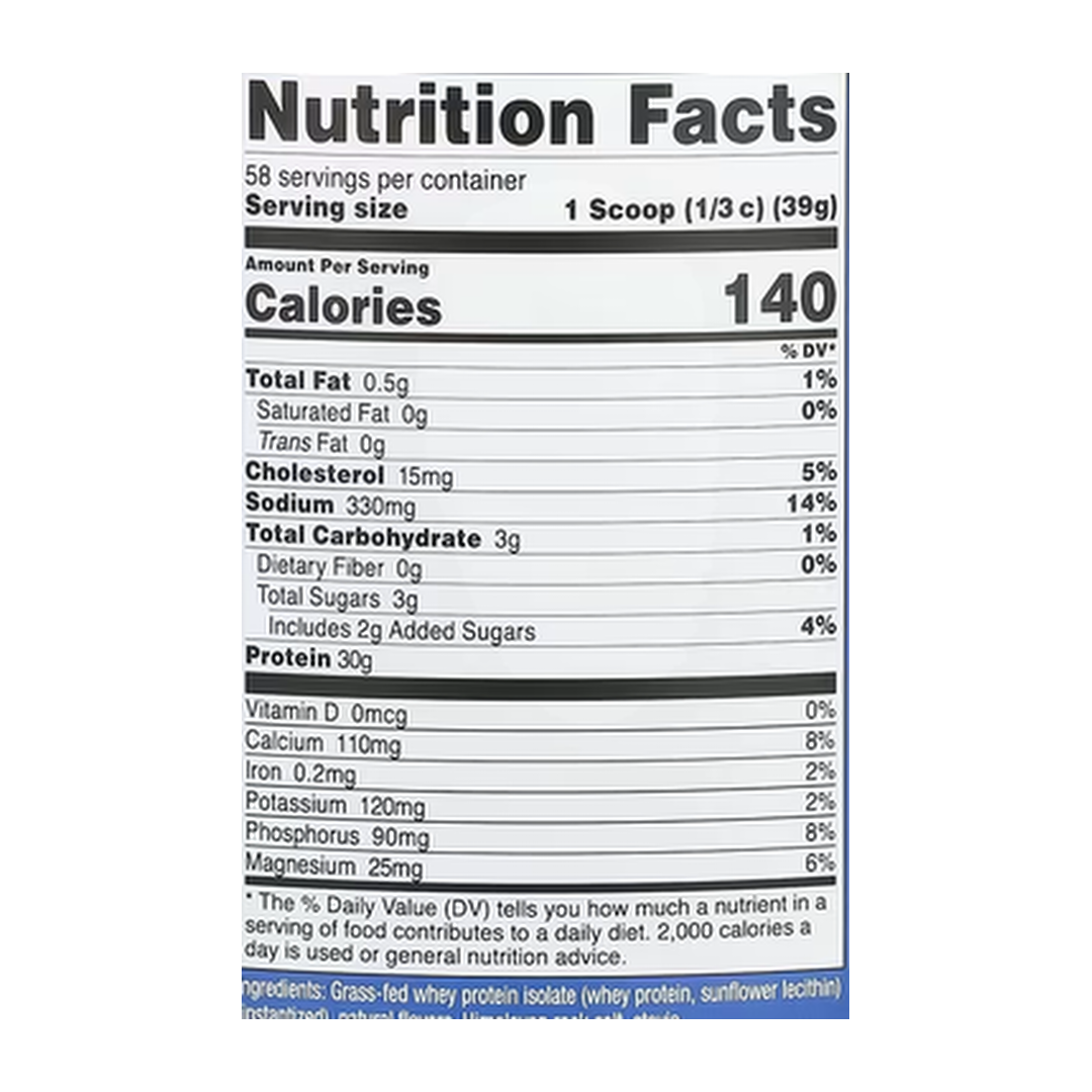 Nutricost, Grass-Fed Whey Protein Isolate, Vanilla, 5 lb, 2,268 g supplement facts label showing ingredients, vitamins, minerals, and serving information