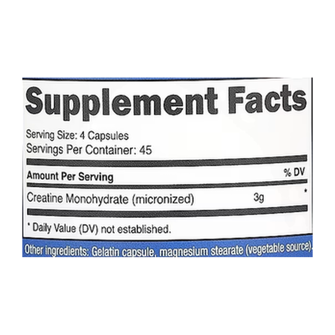 Nutricost, Performance, Creatine Monohydrate, 180 Capsules supplement facts label showing ingredients, vitamins, minerals, and serving information