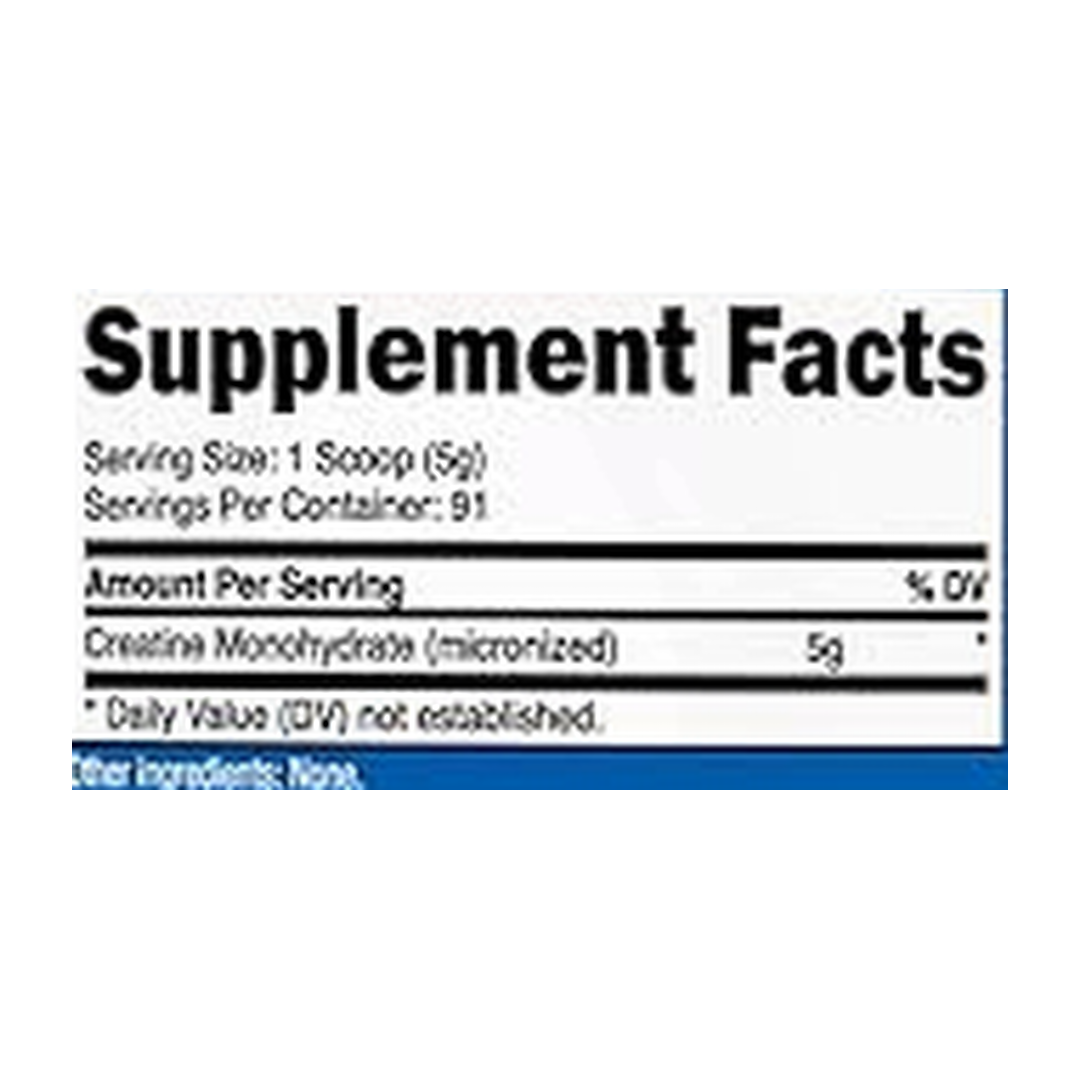 Nutricost, Creatine Monohydrate, 1 lb, 454 g supplement facts label showing ingredients, vitamins, minerals, and serving information