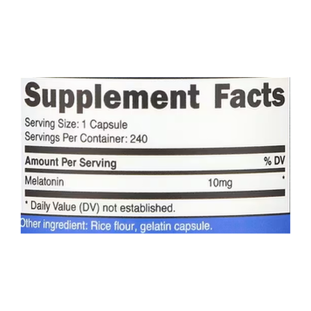 Nutricost, Melatonin, 10 mg, 240 Capsules supplement facts label showing ingredients, vitamins, minerals, and serving information