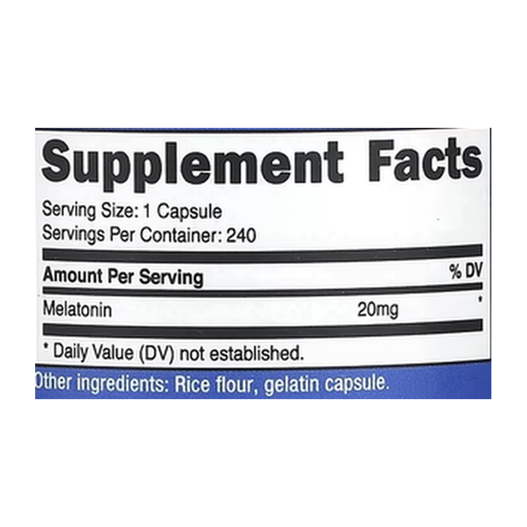 Nutricost, Melatonin , 20 mg, 240 Capsules supplement facts label showing ingredients, vitamins, minerals, and serving information