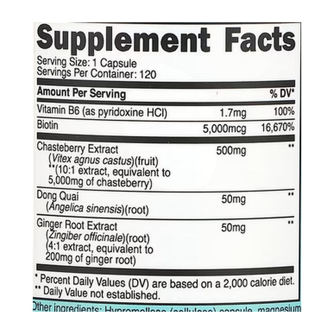 Nutricost, Women, Chasteberry with Dong Quai & Ginger Root, 5,000 mg, 120 Capsules supplement facts label showing ingredients, vitamins, minerals, and serving information