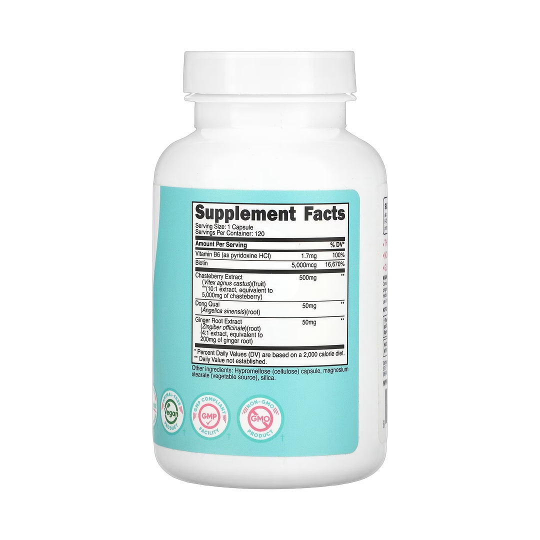 Nutricost, Women, Chasteberry with Dong Quai & Ginger Root, 5,000 mg, 120 Capsules back packaging view