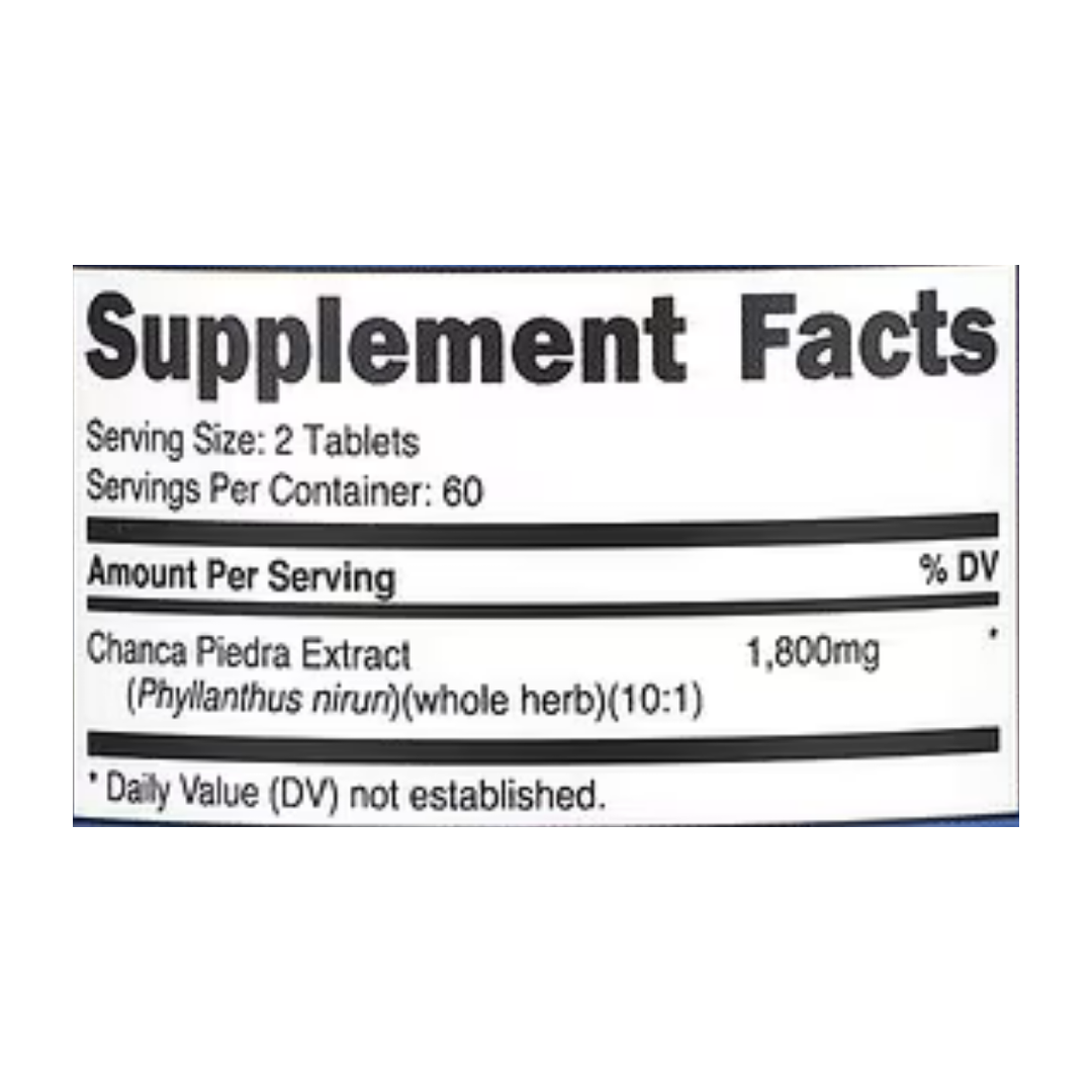 Nutricost, Chanca Piedra, 120 Tablets supplement facts label showing ingredients, vitamins, minerals, and serving information