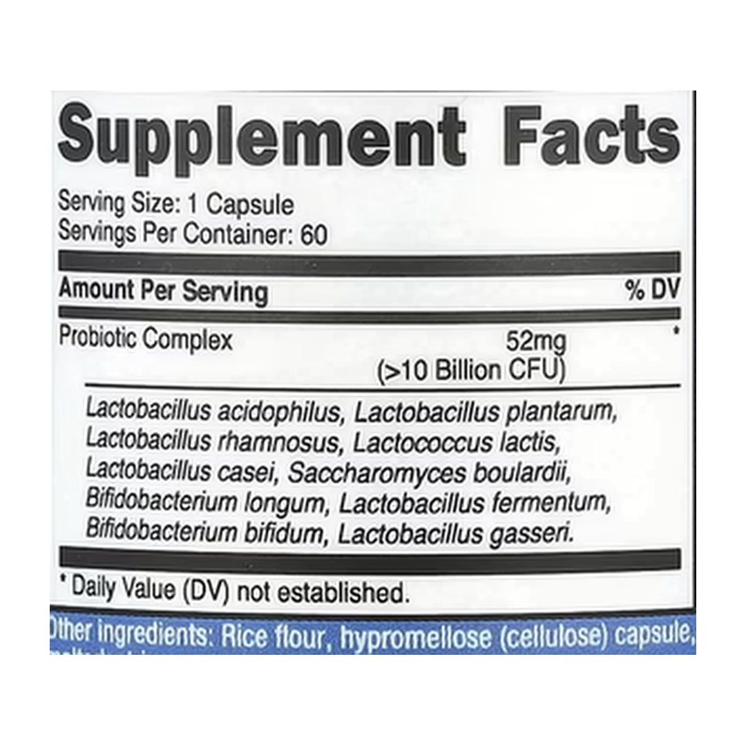 Nutricost, Probiotic Complex, 60 Capsules supplement facts label showing ingredients, vitamins, minerals, and serving information