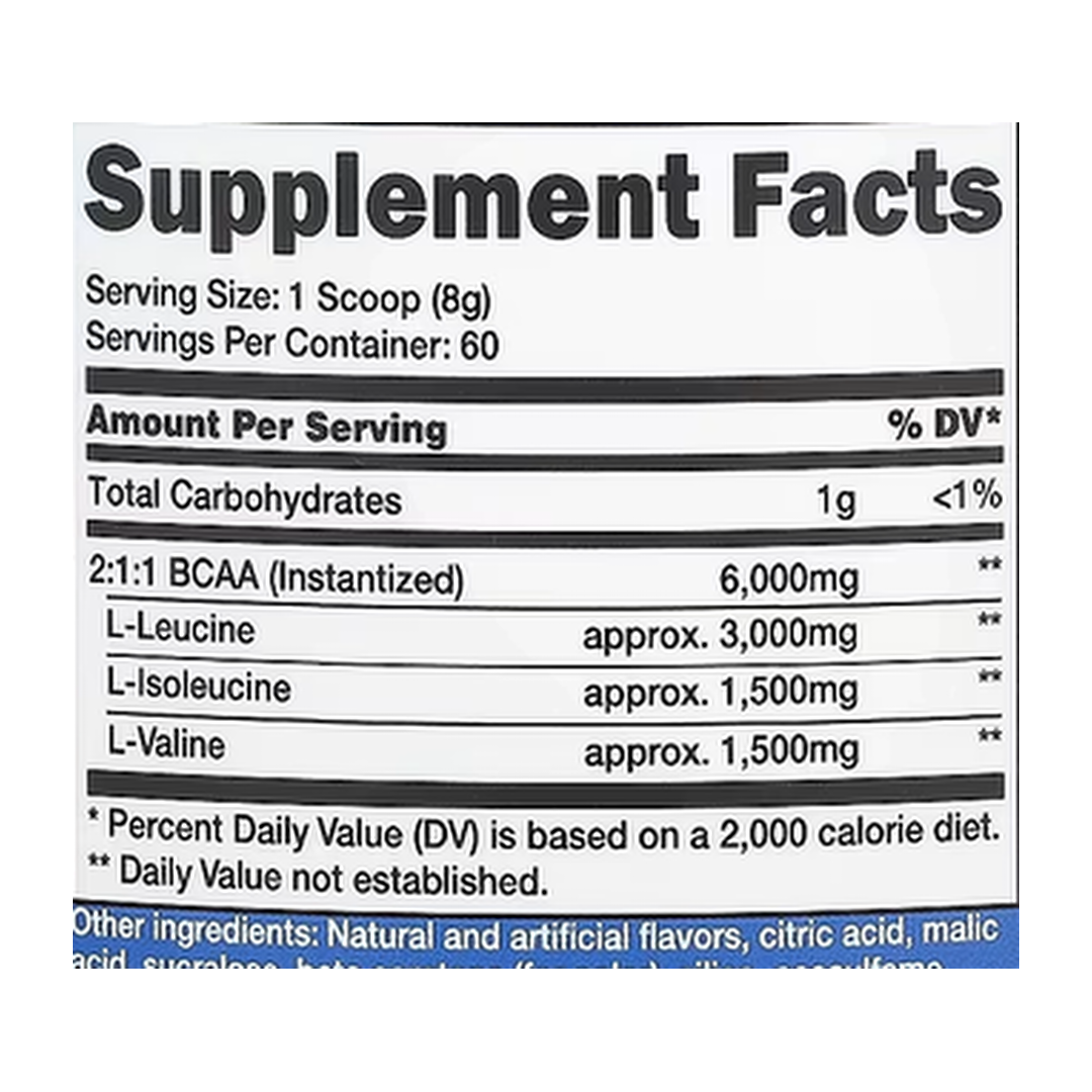 Nutricost, Performance, BCAA, Orange Mango, 17.1 oz, 480 g supplement facts label showing ingredients, vitamins, minerals, and serving information