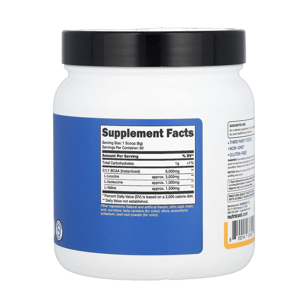 Nutricost, Performance, BCAA, Orange Mango, 17.1 oz, 480 g back packaging view