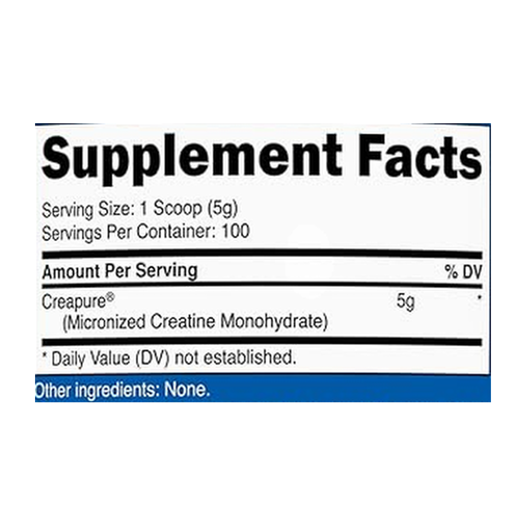 Nutricost, Performance, Creatine Monohydrate, 1.1 lb, 500 g supplement facts label showing ingredients, vitamins, minerals, and serving information