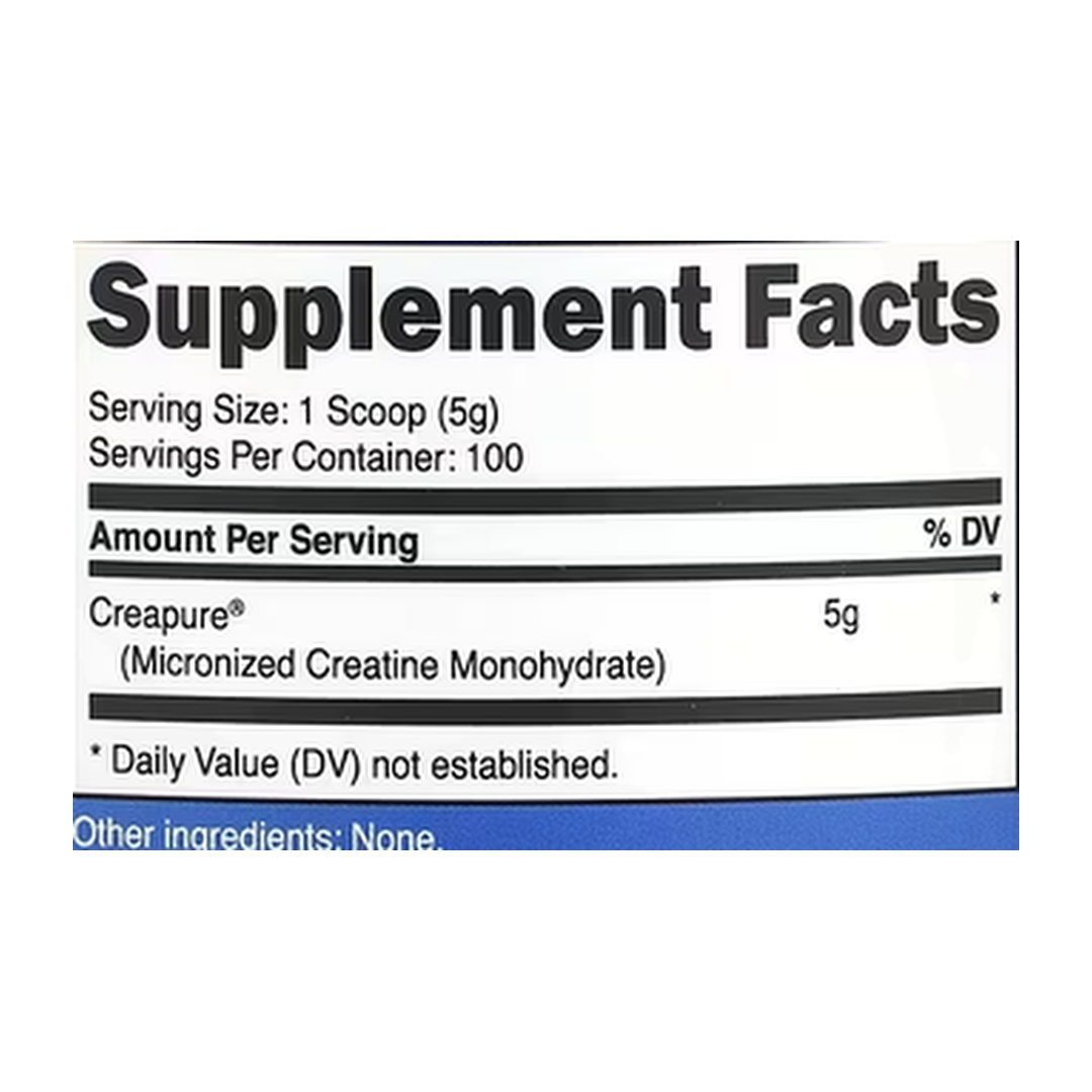 Nutricost, Performance, Creatine Monohydrate, Unflavored, 1.1 lb, 500 g supplement facts label showing ingredients, vitamins, minerals, and serving information
