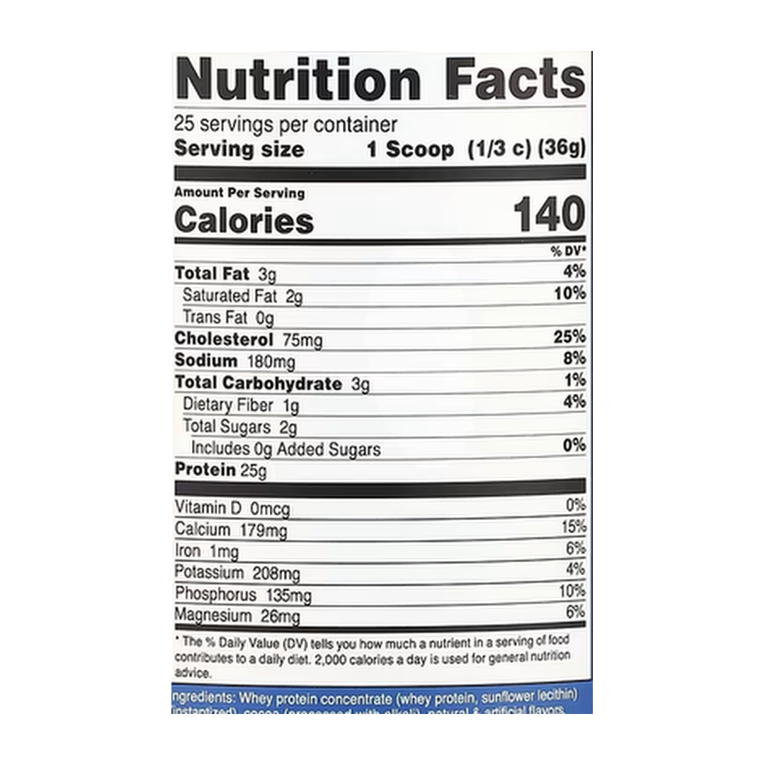 Nutricost, Whey Protein Concentrate, Milk Chocolate, 2 lb, 907 g supplement facts label showing ingredients, vitamins, minerals, and serving information
