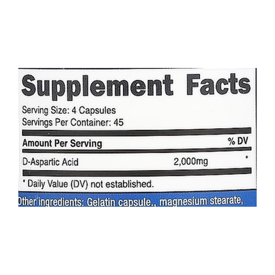 Nutricost, Performance, D-Aspartic Acid, 180 Capsules supplement facts label showing ingredients, vitamins, minerals, and serving information