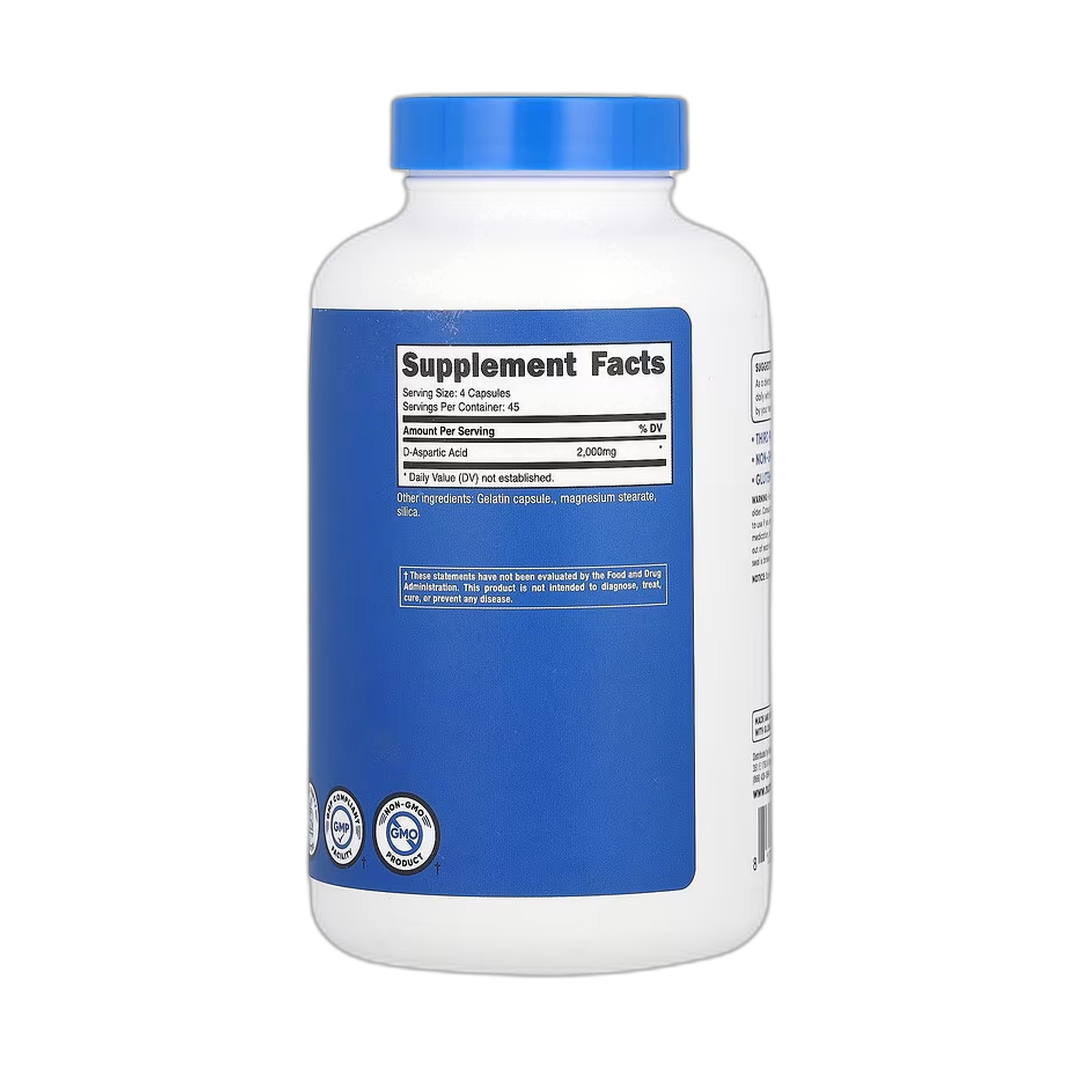 Nutricost, Performance, D-Aspartic Acid, 180 Capsules back packaging view