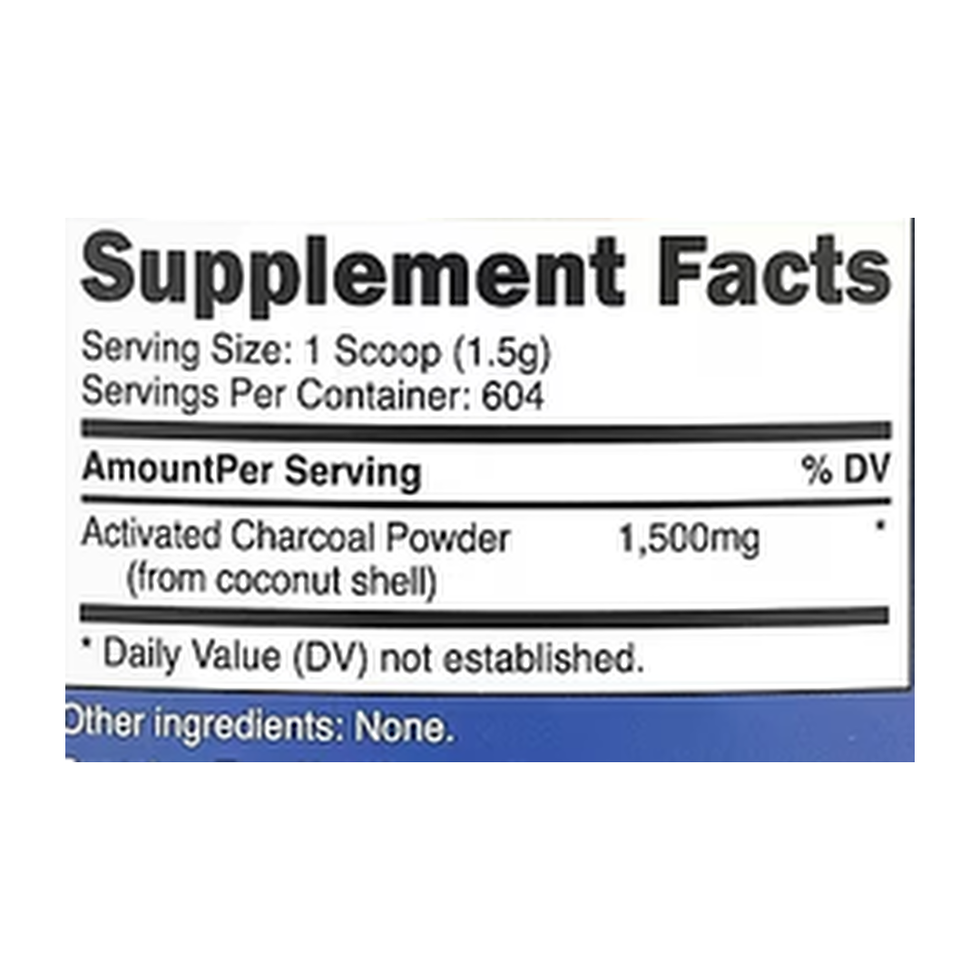 Nutricost, Activated Charcoal Powder, Unflavored, 2 lb, 907 g supplement facts label showing ingredients, vitamins, minerals, and serving information