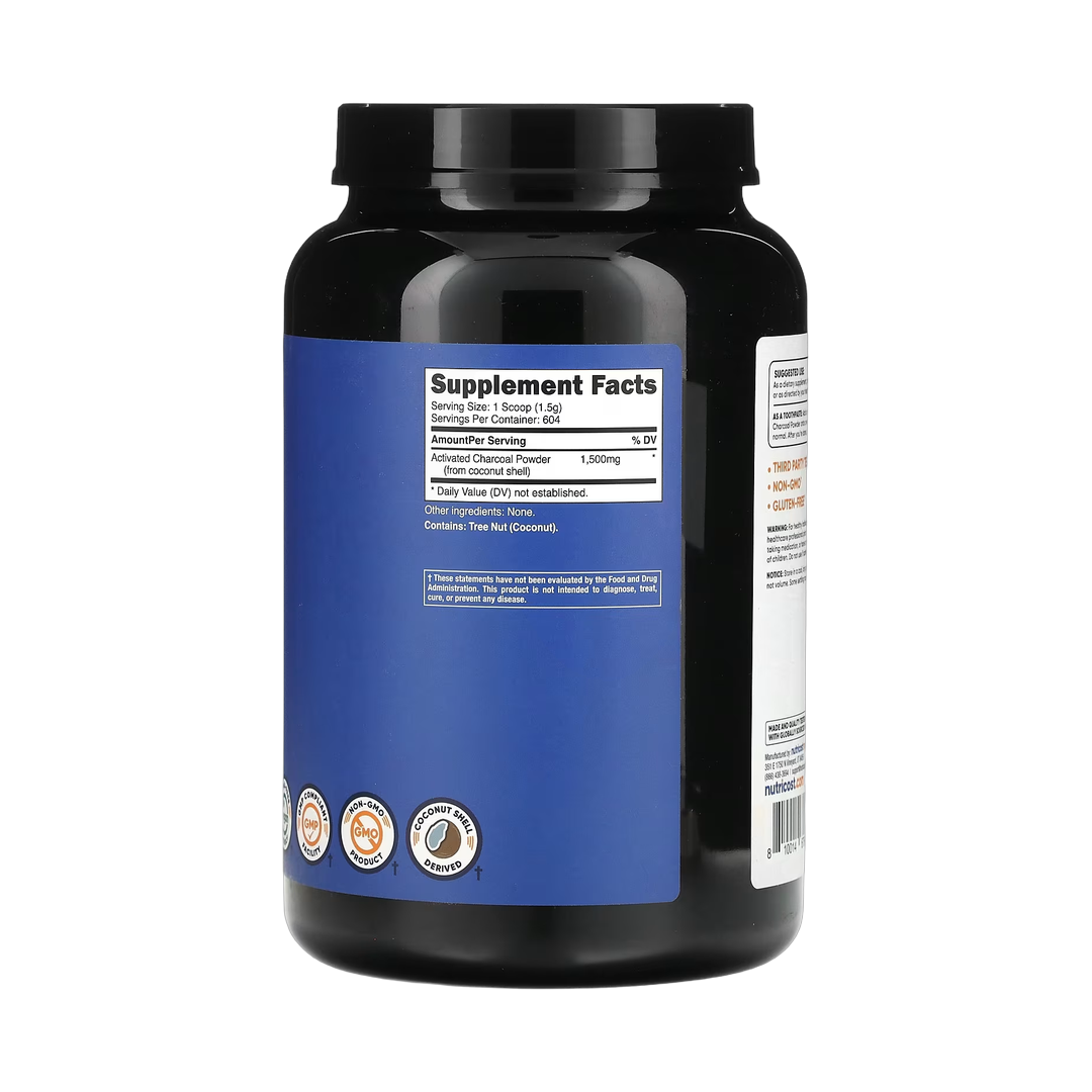 Nutricost, Activated Charcoal Powder, Unflavored, 2 lb, 907 g back packaging view