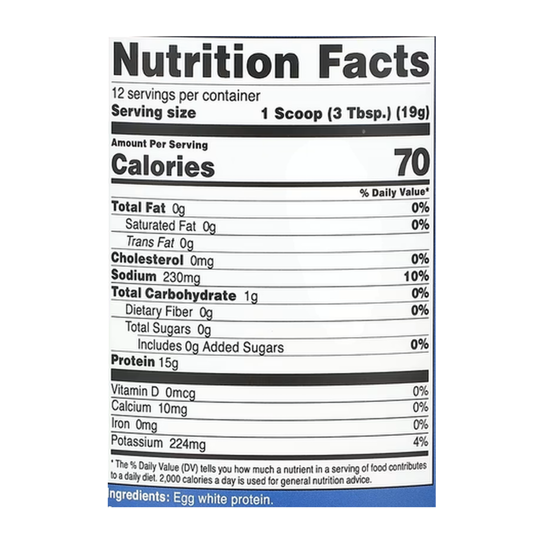 Nutricost, Egg White Protein, Unflavored, 8.1 oz, 227 g supplement facts label showing ingredients, vitamins, minerals, and serving information