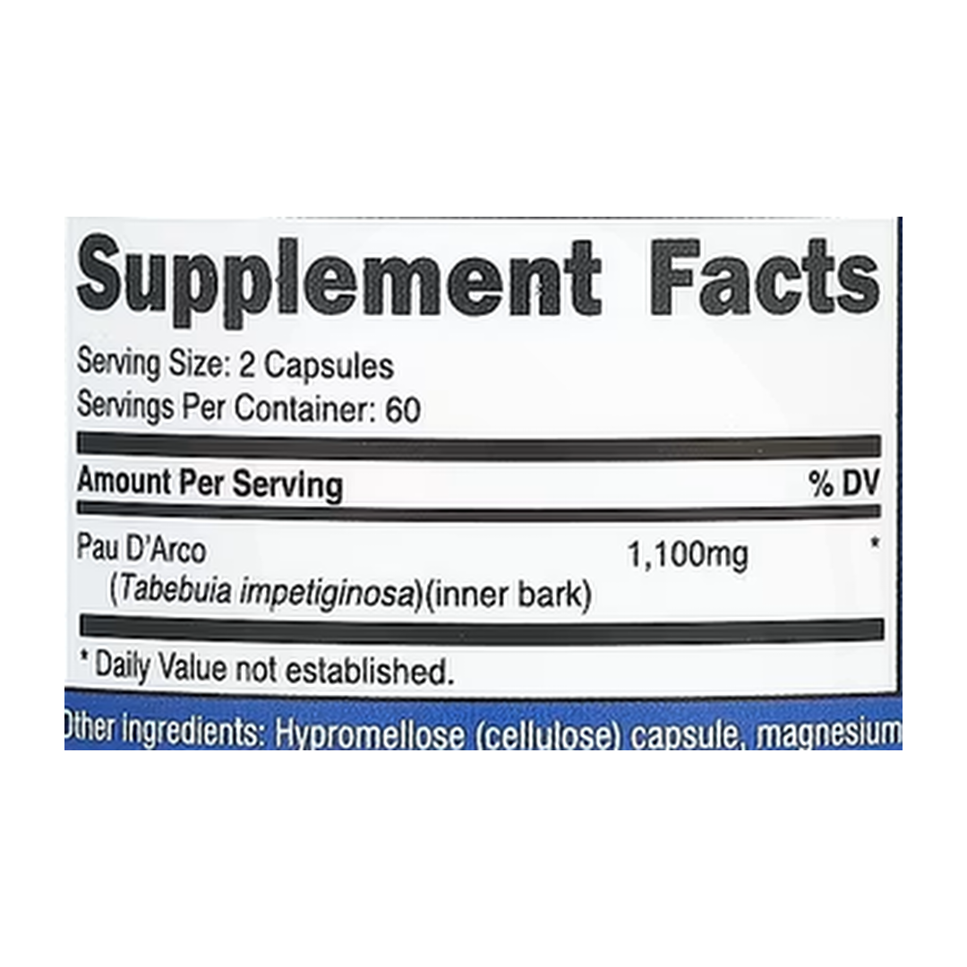 Nutricost, Pau D'Arco, 120 Capsules supplement facts label showing ingredients, vitamins, minerals, and serving information