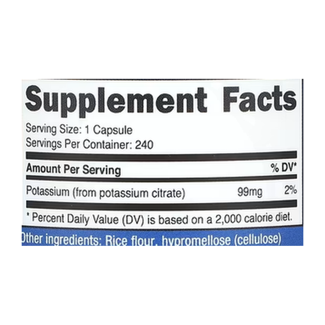 Nutricost, Potassium, 99 mg, 240 Capsules supplement facts label showing ingredients, vitamins, minerals, and serving information