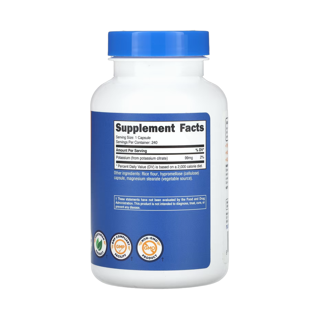 Nutricost, Potassium, 99 mg, 240 Capsules back packaging view