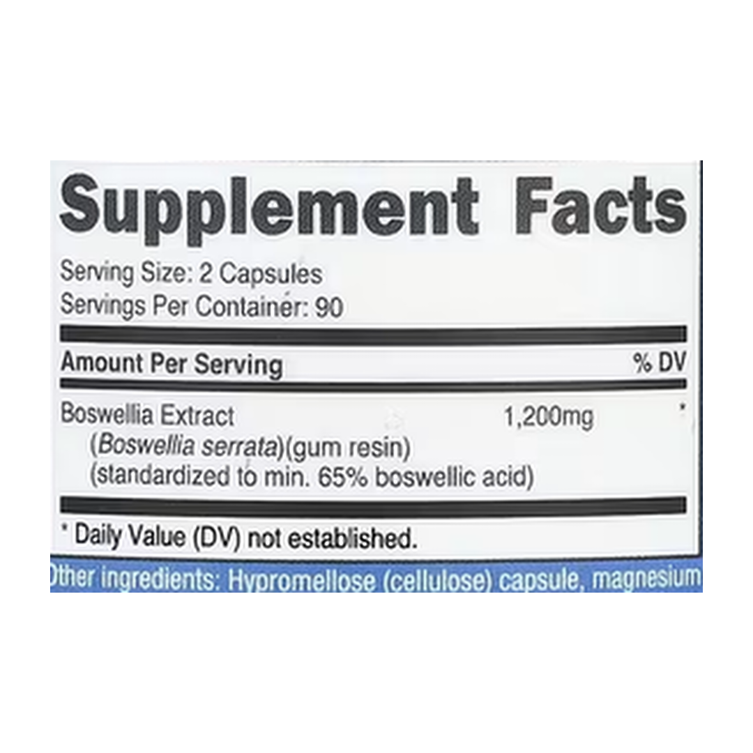 Nutricost, Boswellia Extract, 180 Capsules supplement facts label showing ingredients, vitamins, minerals, and serving information