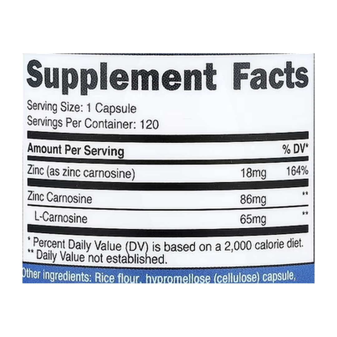 Nutricost, Zinc Carnosine, 120 Capsules supplement facts label showing ingredients, vitamins, minerals, and serving information