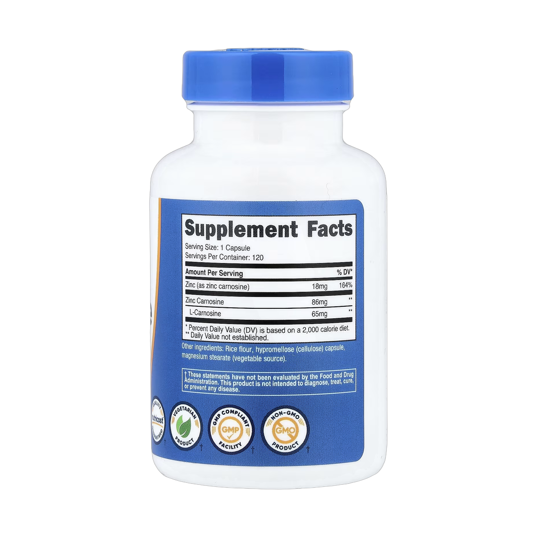 Nutricost, Zinc Carnosine, 120 Capsules back packaging view