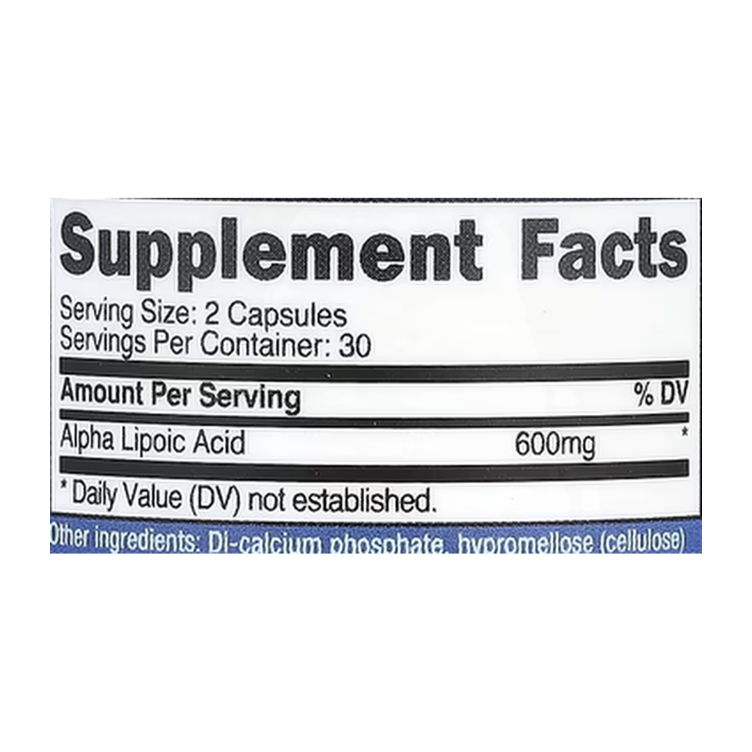 Nutricost, Alpha Lipoic Acid, 60 Capsules supplement facts label showing ingredients, vitamins, minerals, and serving information