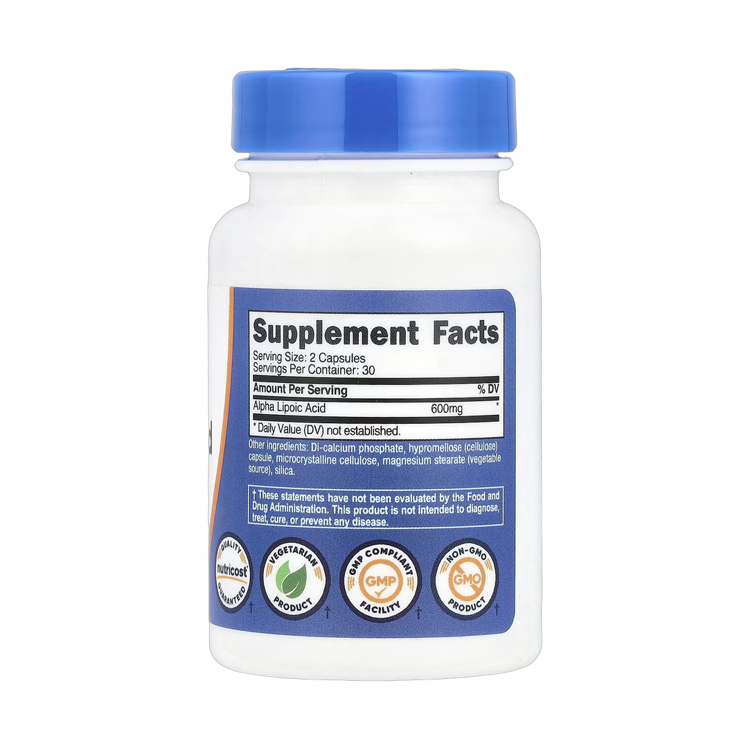 Nutricost, Alpha Lipoic Acid, 60 Capsules back packaging view
