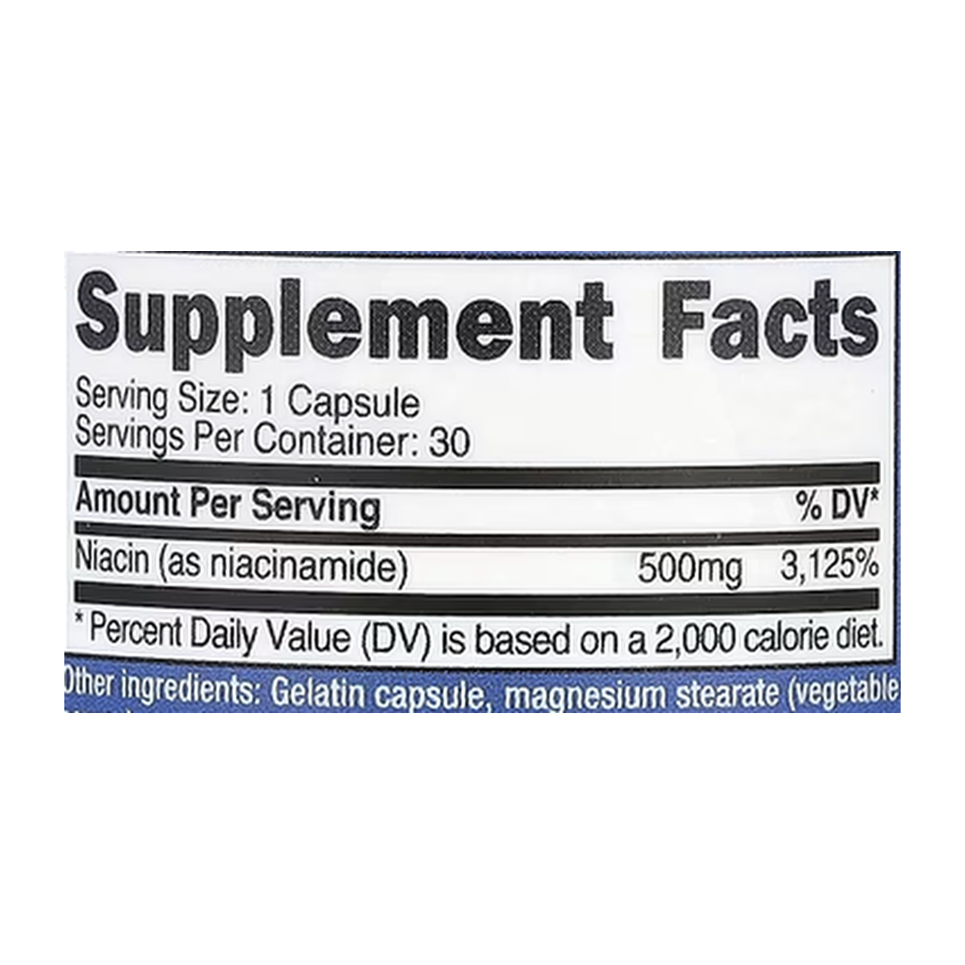 Nutricost, Niacinamide, 500 mg, 30 Capsules supplement facts label showing ingredients, vitamins, minerals, and serving information