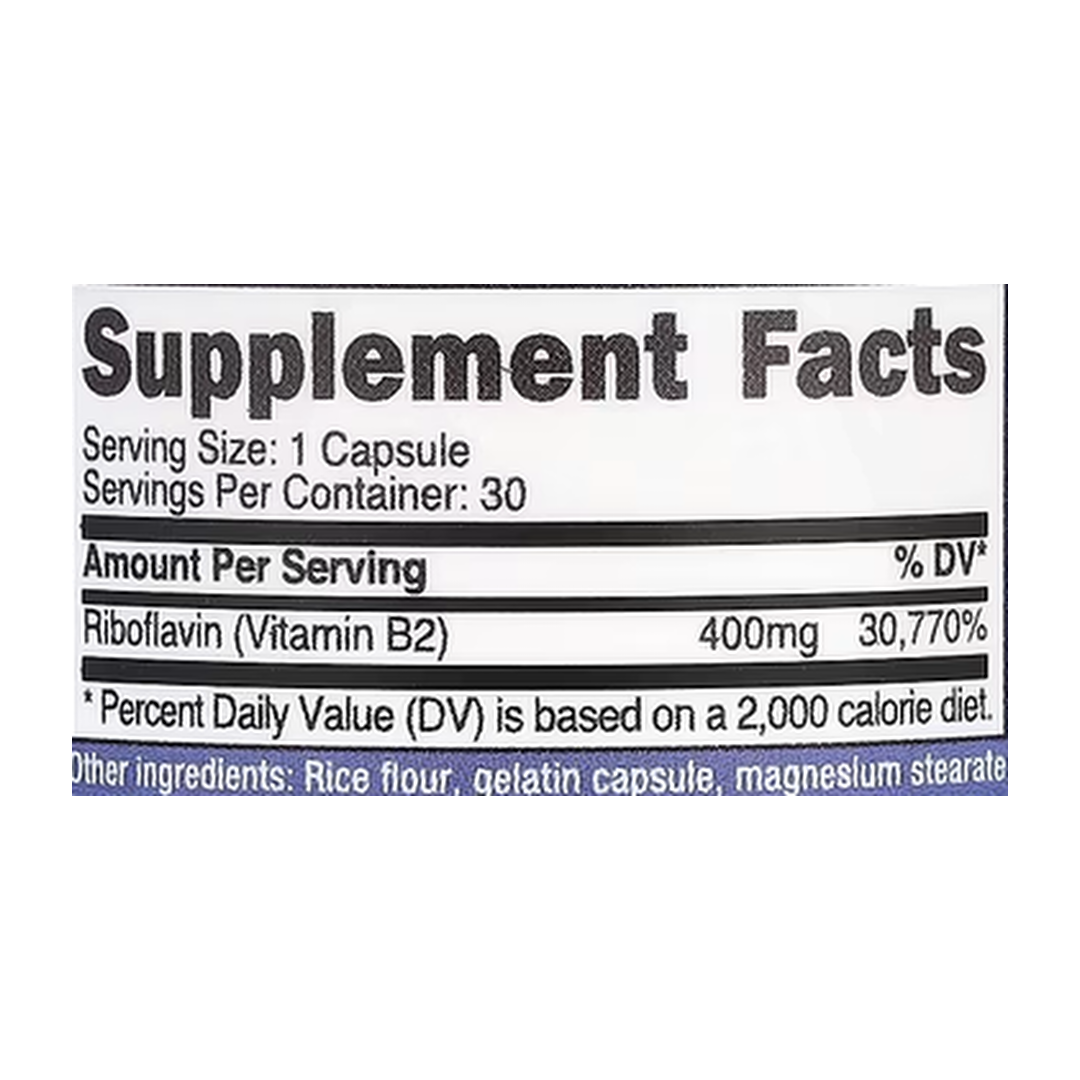 Nutricost, Vitamin B2, 400 mg, 30 Capsules supplement facts label showing ingredients, vitamins, minerals, and serving information