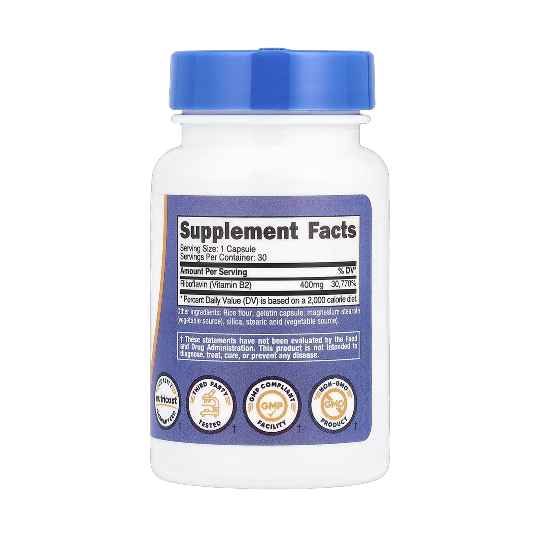 Nutricost, Vitamin B2, 400 mg, 30 Capsules back packaging view